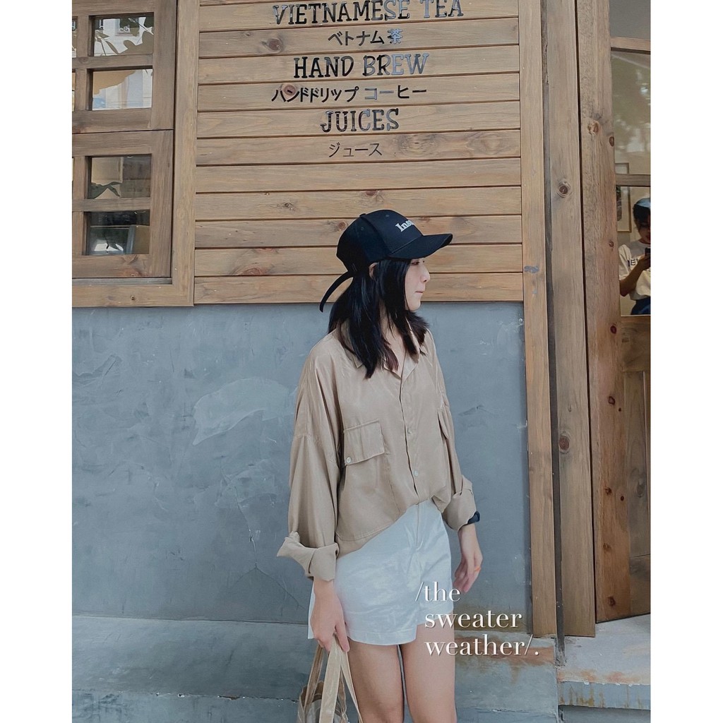 Áo sơ mi nữ form rộng dài tay Cheapy thô đũi 2 túi trắng nâu freesize dáng học sinh vintage Hàn Quốc C418