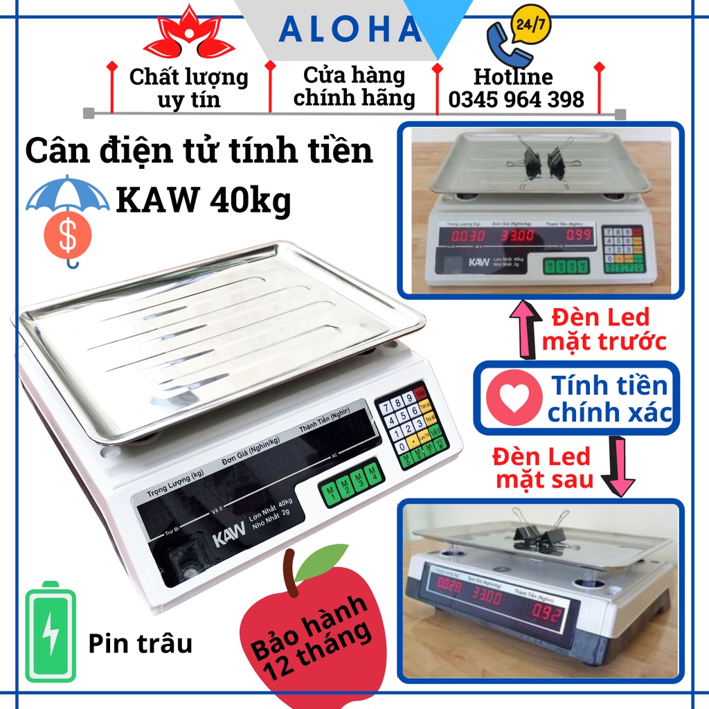 Cân Điện Tử Tính Tiền KAW 40Kg, Cân Chính Xác, Màn Hình LED Sáng Rõ 2 Mặt - Bảo hành 24 T