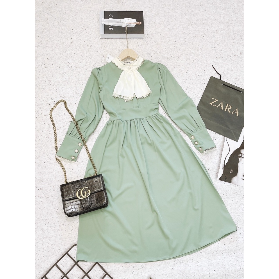 Váy xanh nữ cổ nơ 💖FREESHIP💖 Váy ren cổ nơ Vintage cúc ngọc ,hàng thiết kế tỷ mỉ ,đang Hot nhất nhé các chị em