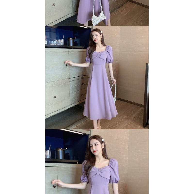 French Gentle Simple Temperament Long Dress2021Summer Fairy Square Collar Slimming Slimming Purple Elegant Dress