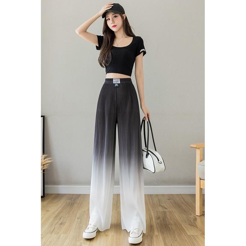 Quần Dài Lưng Cao Dáng Rộng Vải Lụa Mát Mỏng Màu Gradient Thời Trang Mùa Hè Mới