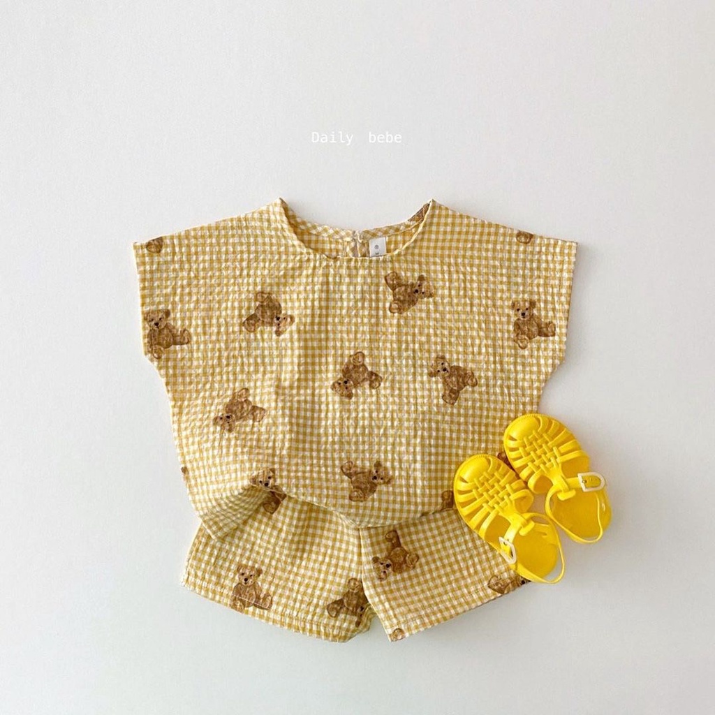 Bộ đồ áo thun không tay + quần short in họa tiết gấu dễ thương thời trang mùa hè dành cho bé trai gái sơ sinh