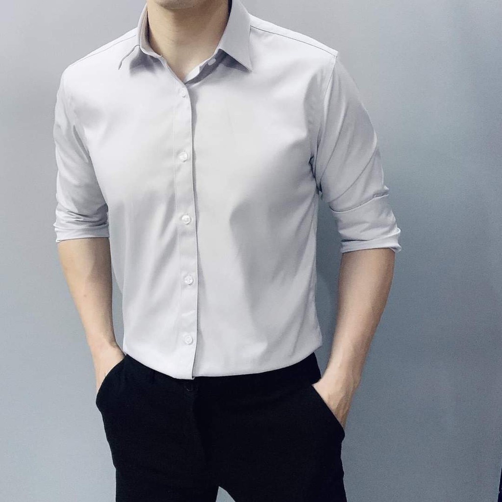 Áo Sơ Mi Nam Dài Tay Hàn Quốc Dáng Ôm Cổ Bẻ Vải Lụa Thái Chống Nhăn Chống Xù