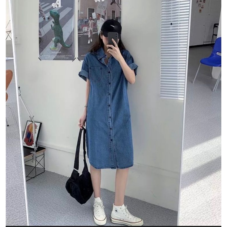 Váy sơ mi jean rộng dáng dài free size