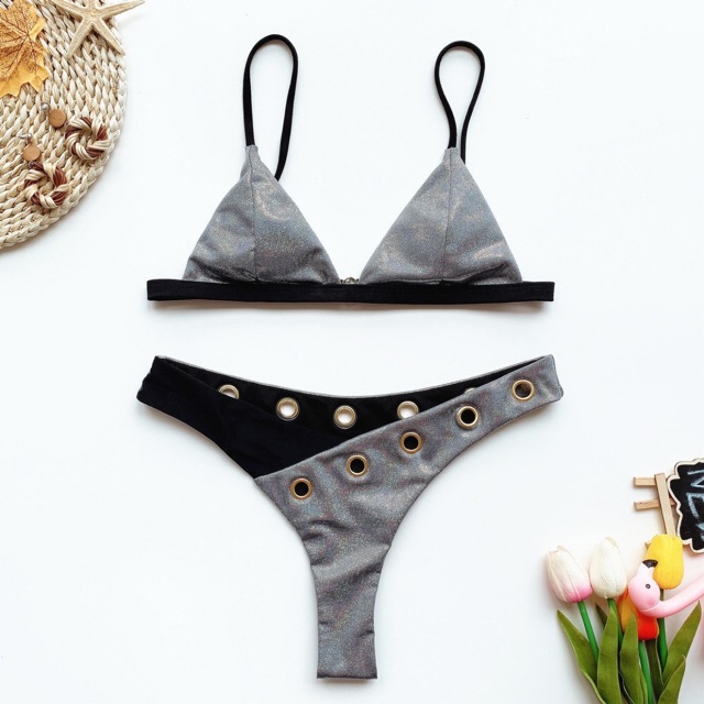 [BKN638] &lt;ÂU&gt; SET BIKINI BẠC ÁNH NHŨ KHUY LỖ QUẦN THONG/LỌT KHE