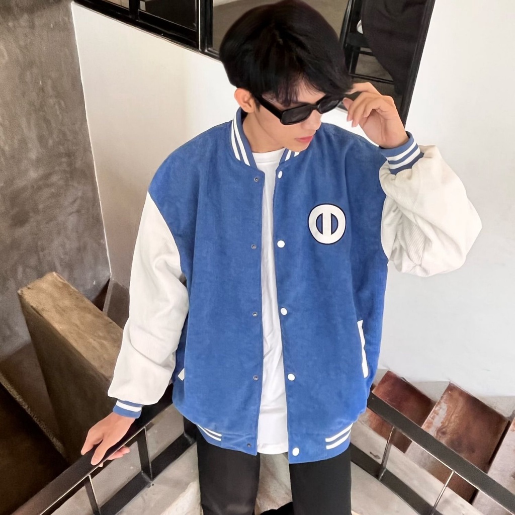Áo Khoác Varsity Jacket Corduroy màu xanh dương bomber bóng chày basic nam nữ form rộng Local Brand ONTOP