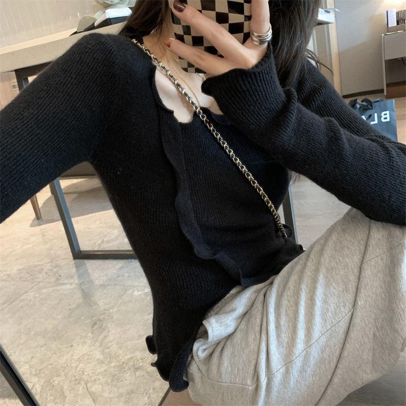 Áo Sweater dệt kim mềm mại tay dài phối ren thời trang cho nữ