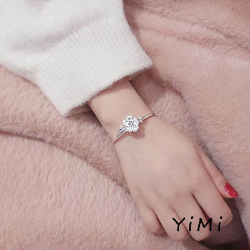 🍓Vòng đeo tay hợp kim dạng hở phối mặt hình hoa anh đào xinh xắn thời trang