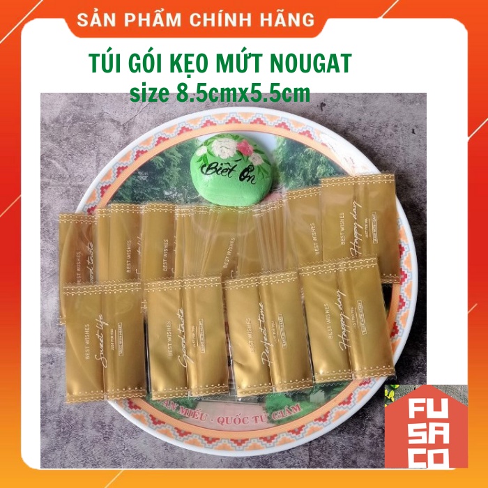 [Hàng mới về] Set 100c Túi hàn P.E đựng bánh, mứt, kẹo nougat size 8.5cm*5.5cm-VÀNG ĐỒNG CHỮ TRẮNG