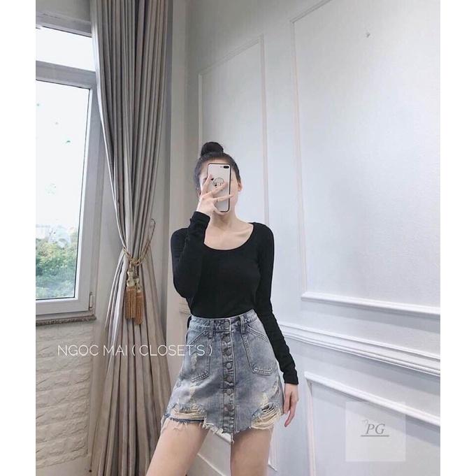 Áo croptop tay dài cổ vuông chất thun tăm co giãn ôm sát tôn dáng RUBI A073