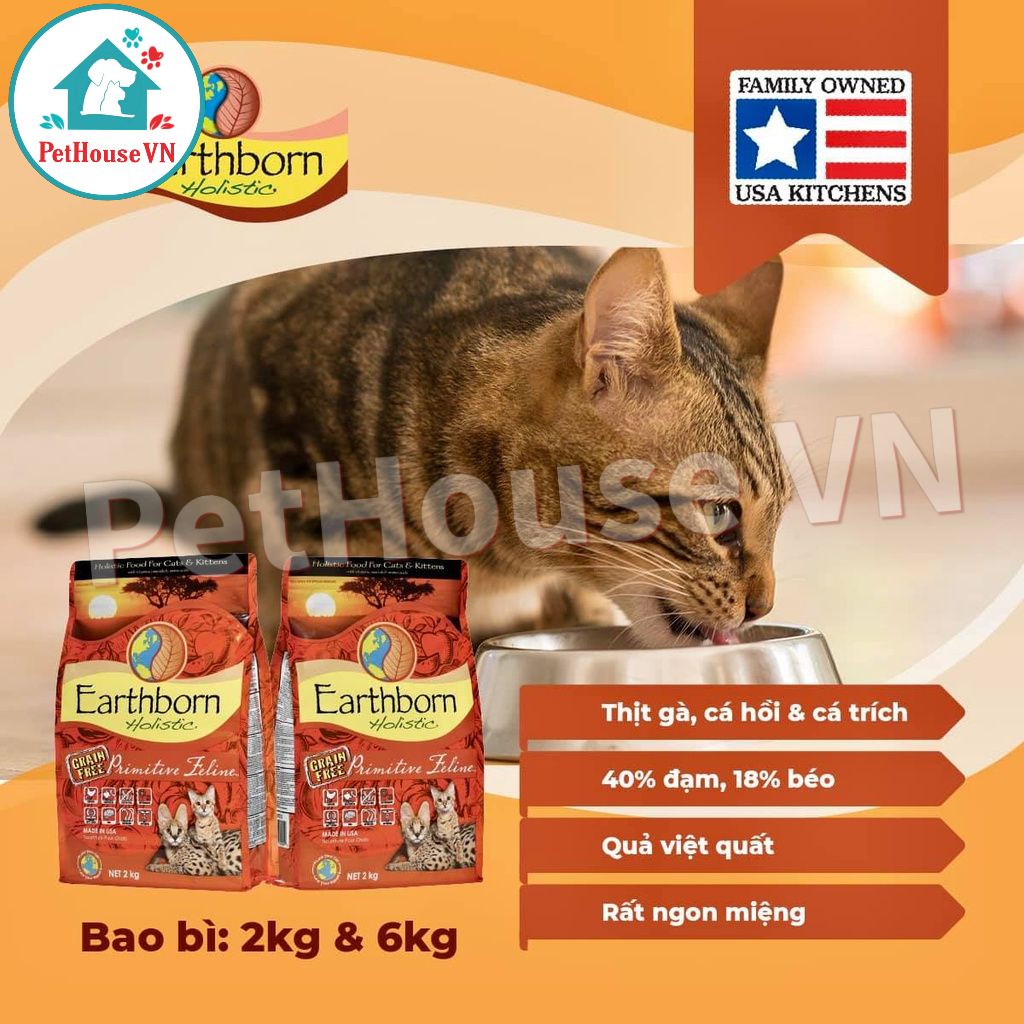 EARTHBORN PRIMITIVE FELINE - Túi 50G Thức Ăn Hạt Cho Mèo Và Mèo Con Vị Gà, Cá Hồi & Cá Trích Hàng Chính Hãng