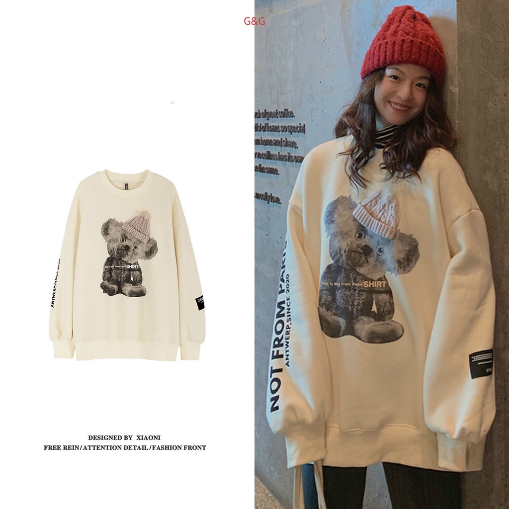 Áo Hoodie Cho Nữ Tay Dài Dáng Rộng In Hình Gấu Phong Cách Hàn Quốc