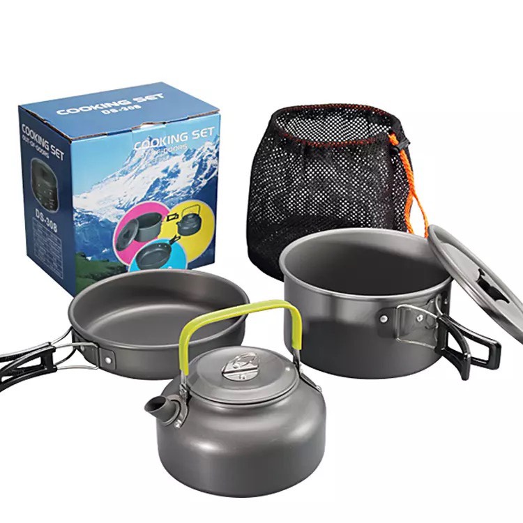 BỘ NỒI NẤU ĂN dã ngoại COOKING SET DS308 - BỘ NỒI DU LỊCH CAO CẤP, ĐA NĂNG 3 món có vung Dùng cho 2-3 người PICNIC NHÓM