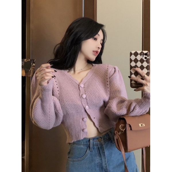 Áo Len Croptop tay bồng tiểu thư xinh xắn
