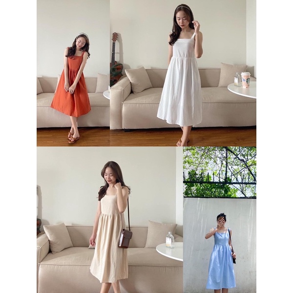 Váy 2 dây bản to cổ vuông có lưng chun sau