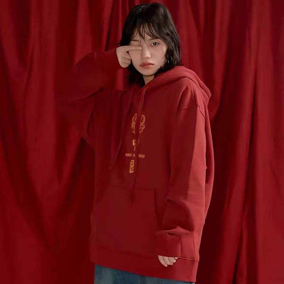 Áo Hoodie Nhung Dày Dặn Dáng Rộng In Họa Tiết Trung Hoa Thời Trang Thu Đông Cho Cặp Đôi