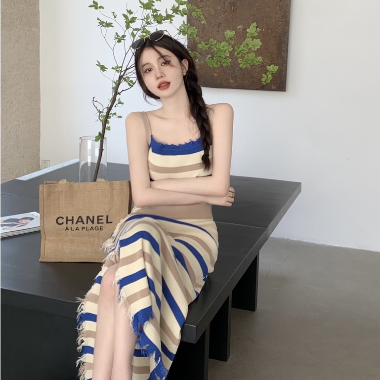 Đầm Hai Dây Dáng Ôm Co Giãn In Họa Tiết Kẻ Sọc Phối Tua Rua Thời Trang Mùa Hè Phong Cách Hàn Quốc Cho Nữ