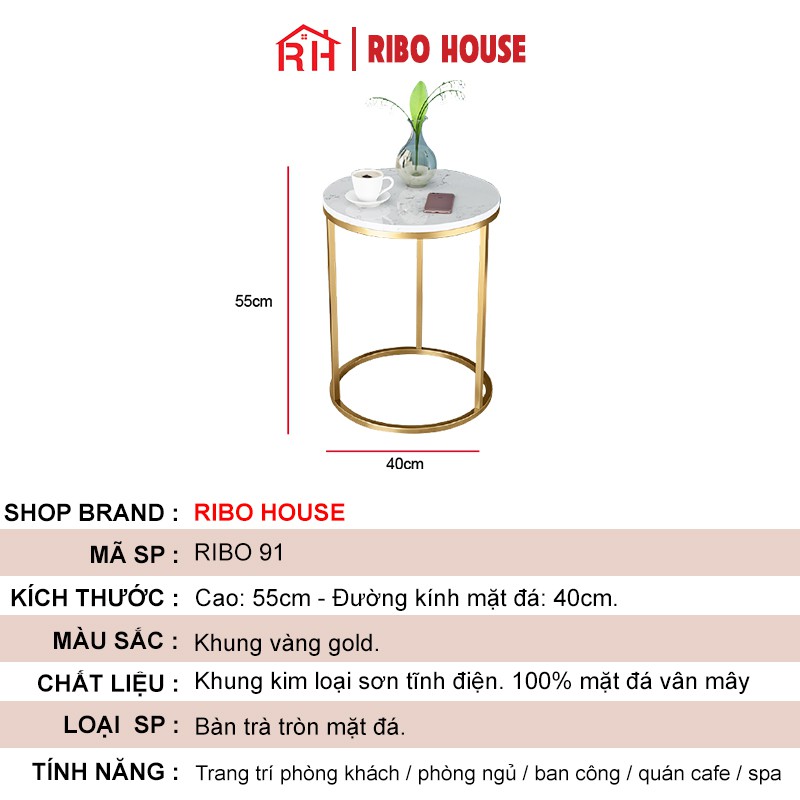 Bàn trà tròn RIBO HOUSE mặt bàn đá, kệ trang trí phòng khách, spa, nails, cà phê mẫu 1 RIBO91