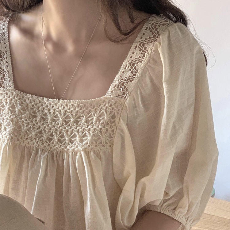 Linki ❀ Áo Kiểu Tay Ngắn Cổ Vuông Thiết Kế Dáng Rộng Che Khuyết Điểm