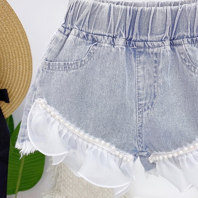 Quần Short Jean Phối Ren Ngọc Trai Cho Bé Gái
