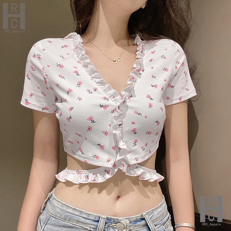 Áo croptop ôm - áo Crt tay ngắn họa tiết hoa nhí phối bèo dễ thương - AO02