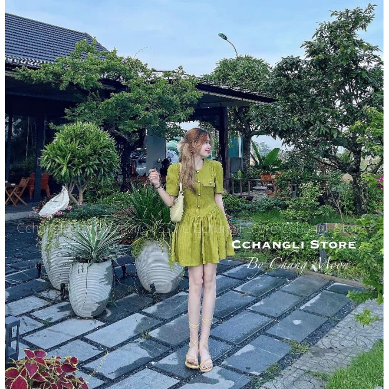 Váy xanh tay bồng dáng ngắn xoè dễ thương.Đầm tiểu thư sang chảnh