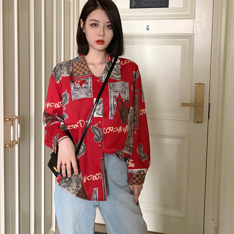 Áo sơ mi tay dài dáng rộng màu đỏ họa tiết in hoa phong cách cổ điển cho nữ