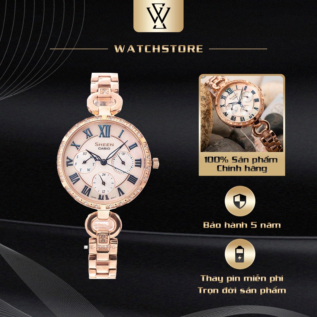 Đồng Hồ Quartz Nữ Casio Sheen WATCHSTORE SHE-3067PG-7AUDF Thiết Kế Mặt Kính Khoáng 32mm, Dây Kim Loại, Vỏ Thép Không Gỉ