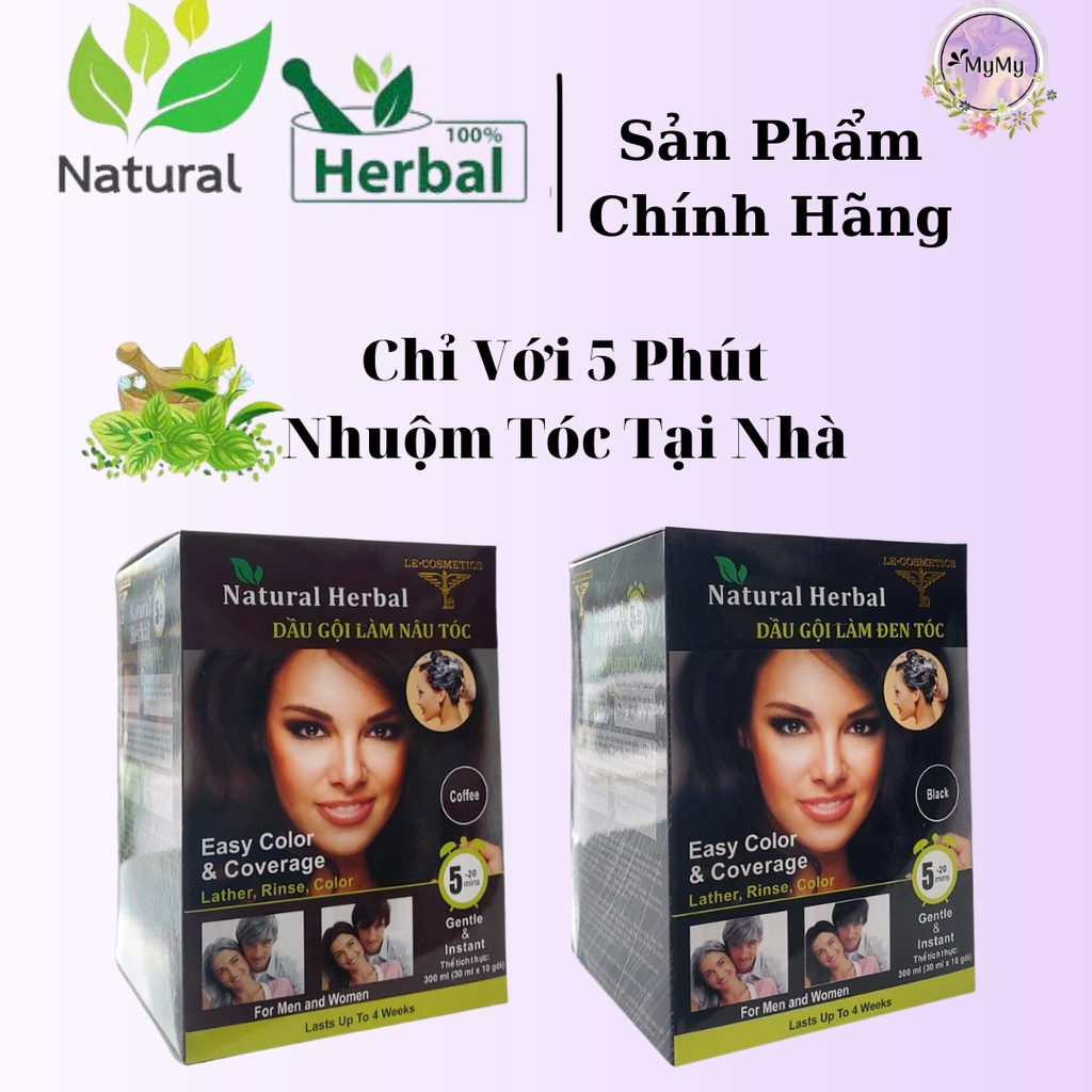 Dầu Gội Nhuộm Tóc - Thuốc Nhuộm Thảo Dược Natural Herbal - Phủ Bạc 100% - Không Rát Da Đầu Màu Nâu & Đen 1 Hộp 10 Gói.