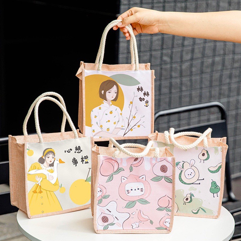 Túi cói vải mini họa tiết siêu xinh, túi xách tote canvas mẫu mới