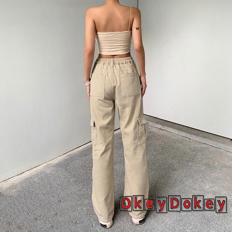 OKDK-Quần vận chuyển hàng hóa thời trang nữ Quần jean cạp cao khóa thẳng có túi