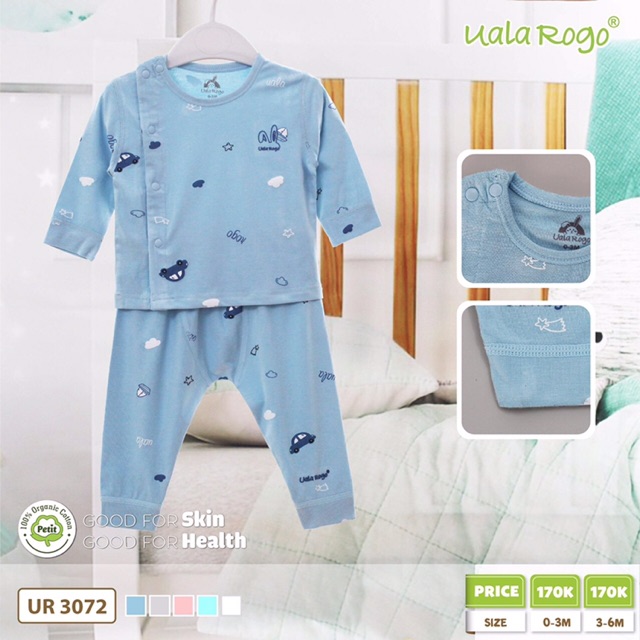 Bộ áo dài tay quần dài uala rogo chất petit cài vai sơ sinh mới cho bé trai bé gái