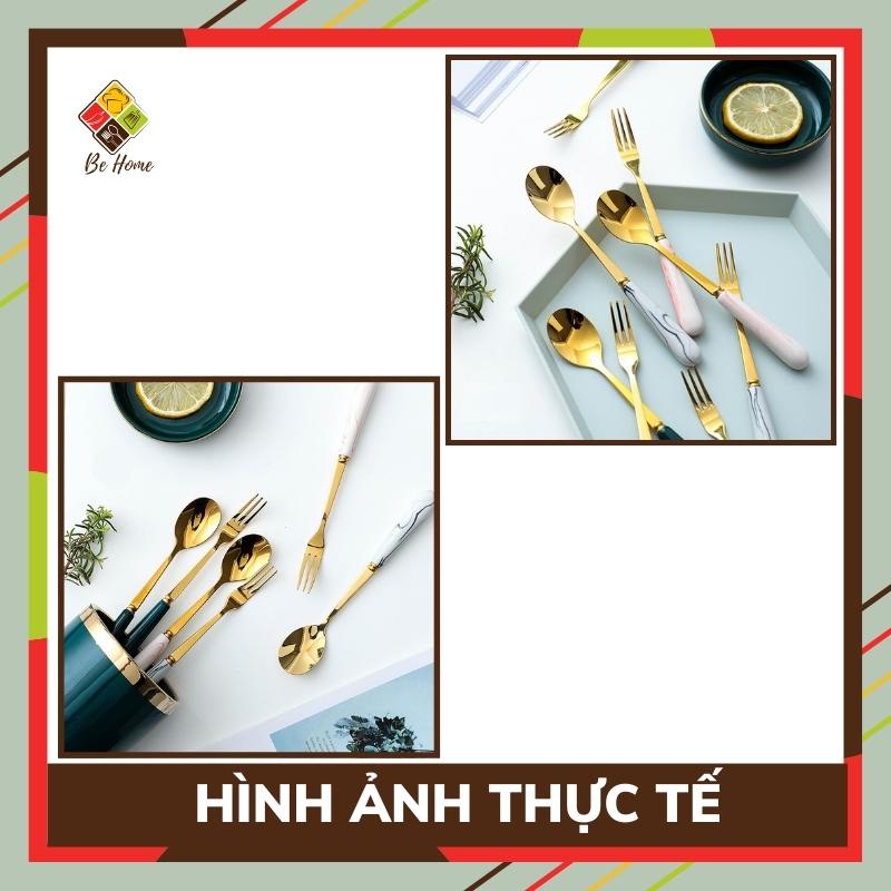 Thìa dĩa inox mạ vàng vân đá cầm tay BEHOME Muỗng thìa nĩa inox 304 mạ vàng cán dài nhiều màu sang chảnh cao cấp