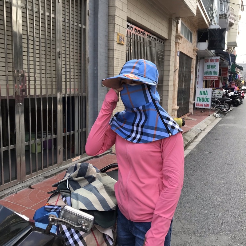 Mũ chống nắng đa năng nữ,  mũ chống nắng kèm khẩu trang trùm vai gáy mũ vải cotton dep