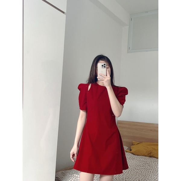 [HÀNG SẴN]VÁY-ĐẦM NHUNG ĐỎ TAY BỔNG HỞ VAI SIÊU XINH | BigBuy360 - bigbuy360.vn