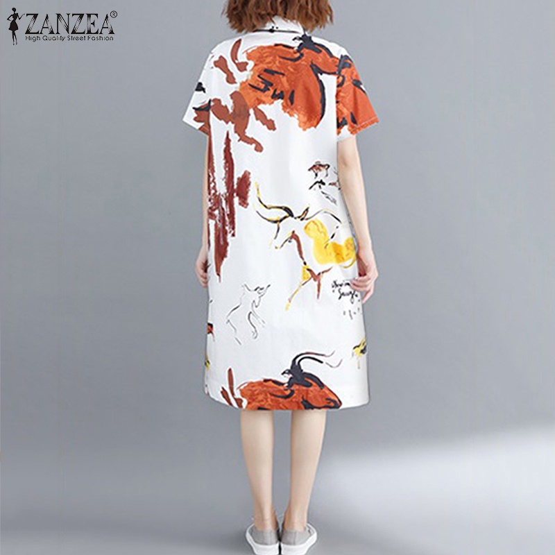 Zanzea Đầm Dài Tay Ngắn Cổ Bẻ In Họa Tiết Động Vật Thời Trang Dành Cho Nữ
