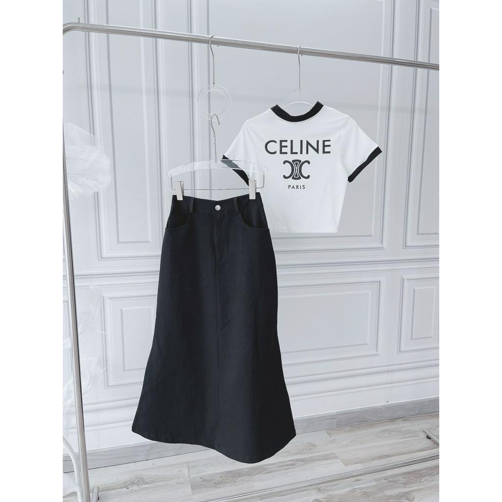 SET ÁO CROPTOP VIỀN ĐEN + CHÂN VÁY ĐEN MIDI SUÔNG (TH)