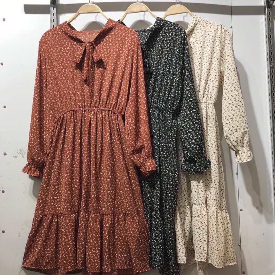Váy hoa nhí dài tay thắt nơ - Váy vintage - Đầm thu đông - Xưởng May Hạnh Hồng | BigBuy360 - bigbuy360.vn