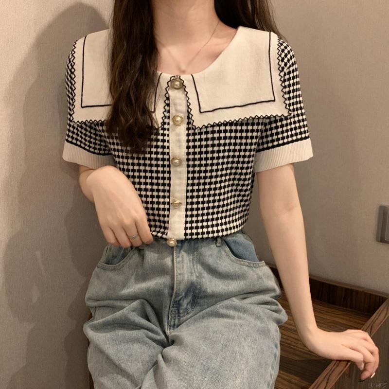 Áo Dệt Kim Tay Ngắn Cổ Thủy Thủ Kẻ Sọc Caro Trẻ Trung Thời Trang Phong Cách Hàn Quốc Cho Nữ