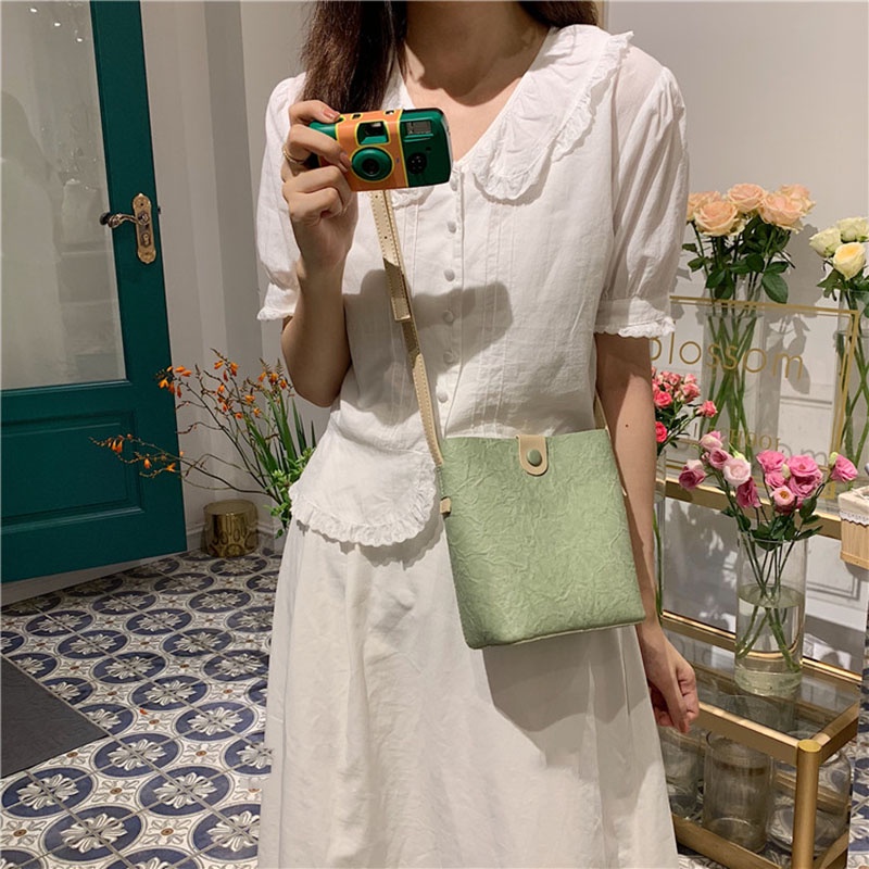 Túi đeo chéo mini bằng da PU màu xanh lá đơn giản thời trang cho nữ