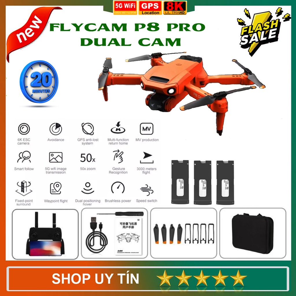 Flycam P8 Drone, Máy bay điều khiển từ xa, Đồ Chơi Công Nghệ 4.0, Có 2 Camera Mini 5.0M, Động cơ khoẻ không chổi than