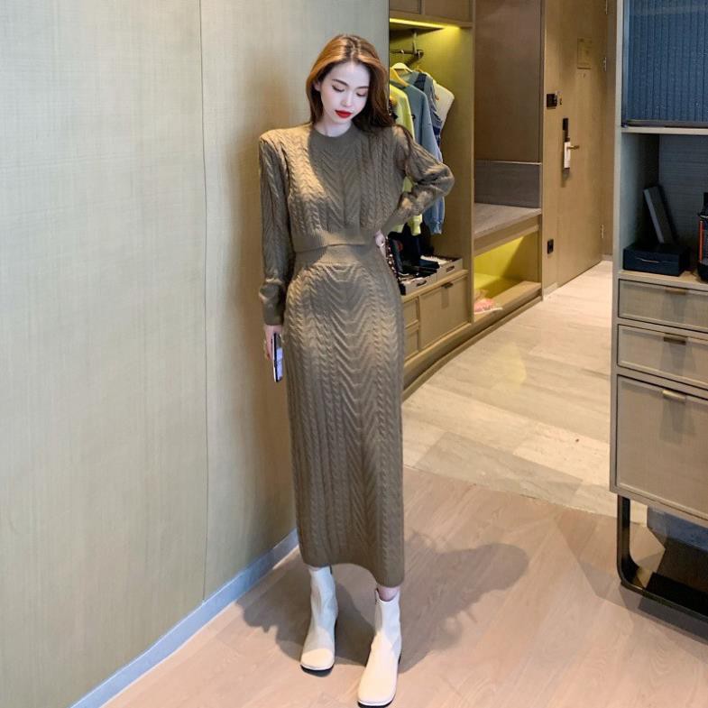 Hot ℗₪Set mới nữ thu đông 2020 phong cách hàn quốc áo len dài tay lửng nửa thân váy hai dây ! ་