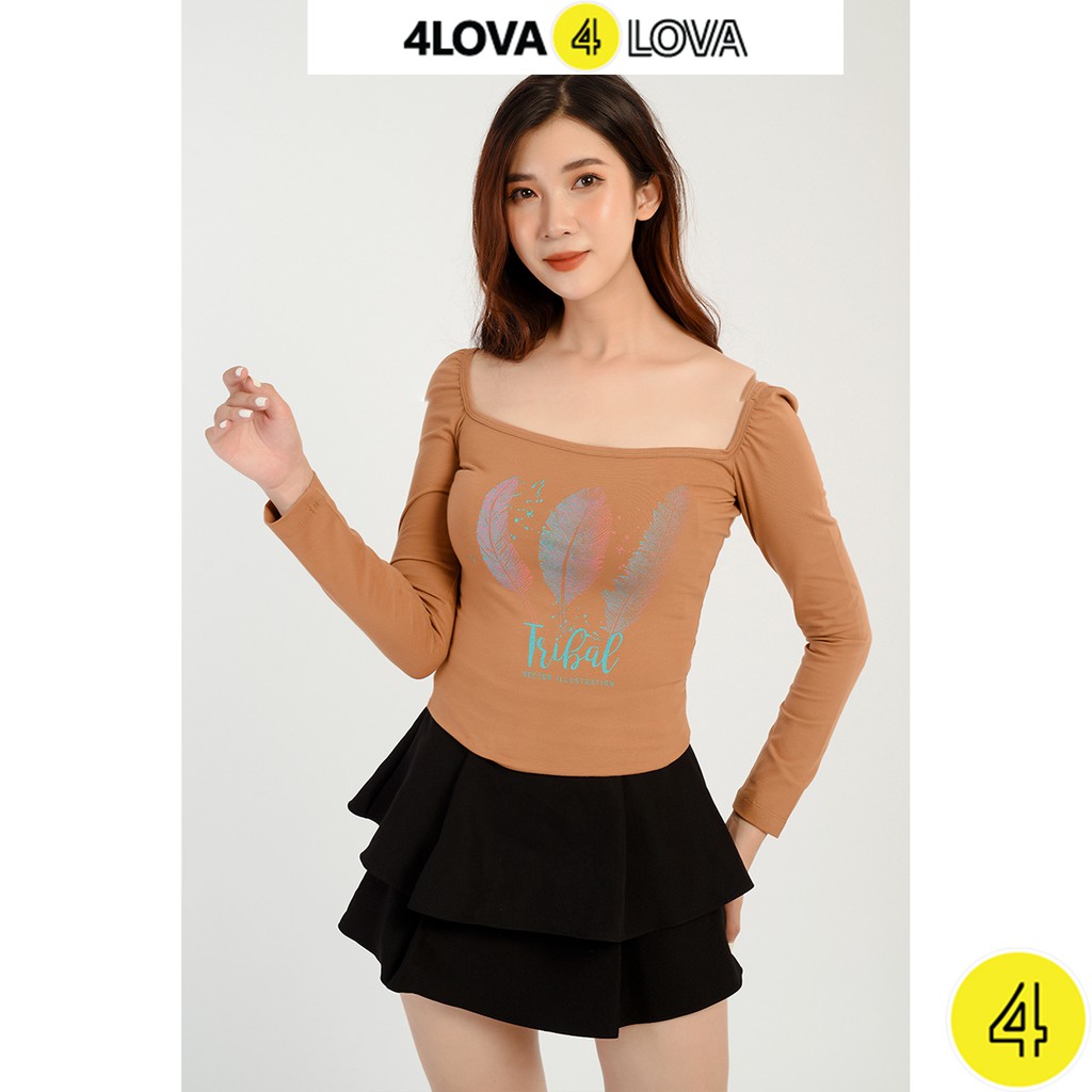 Áo thun nữ 4LOVA dáng dài tay, cổ vuông cách điệu sang chảnh