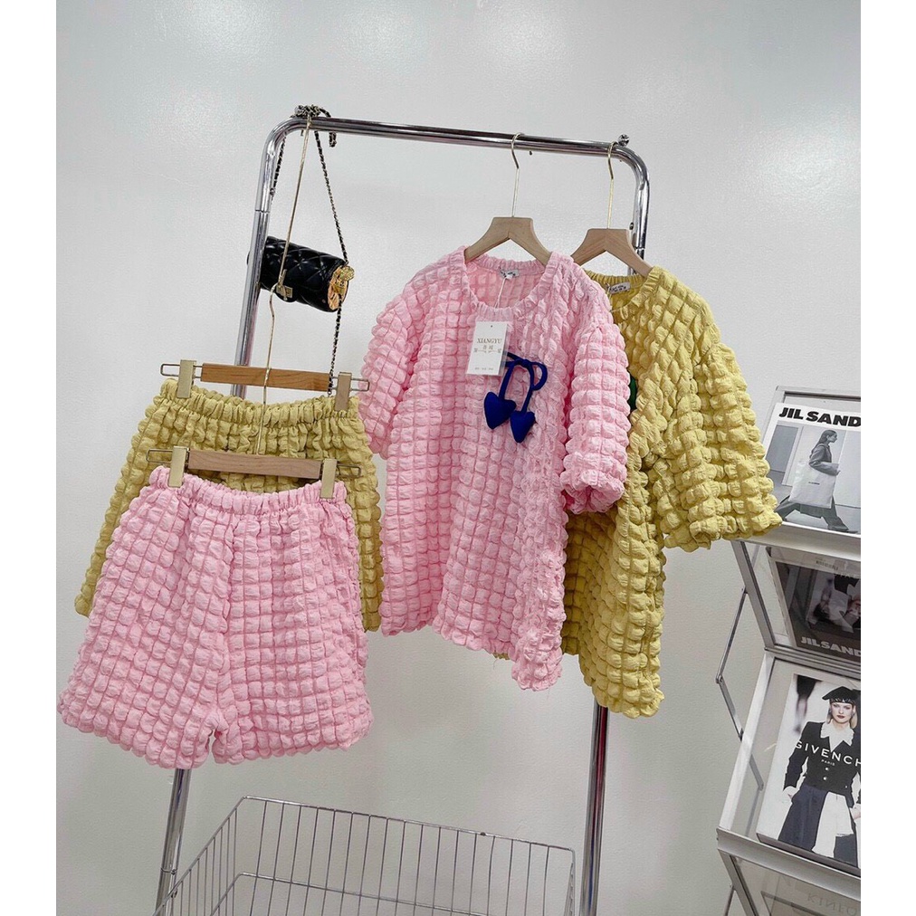 sét bộ xốp QC đùi phối áo có nơ cổ tròn ngắn tay hott