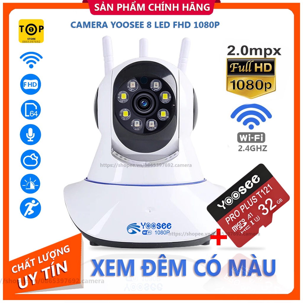 Camera Yoosee Mẫu Mới 8 LED 2.0Mp 1080P - Xem Đêm Có Màu ,Kèm Thẻ Nhớ Chuyên Dụng