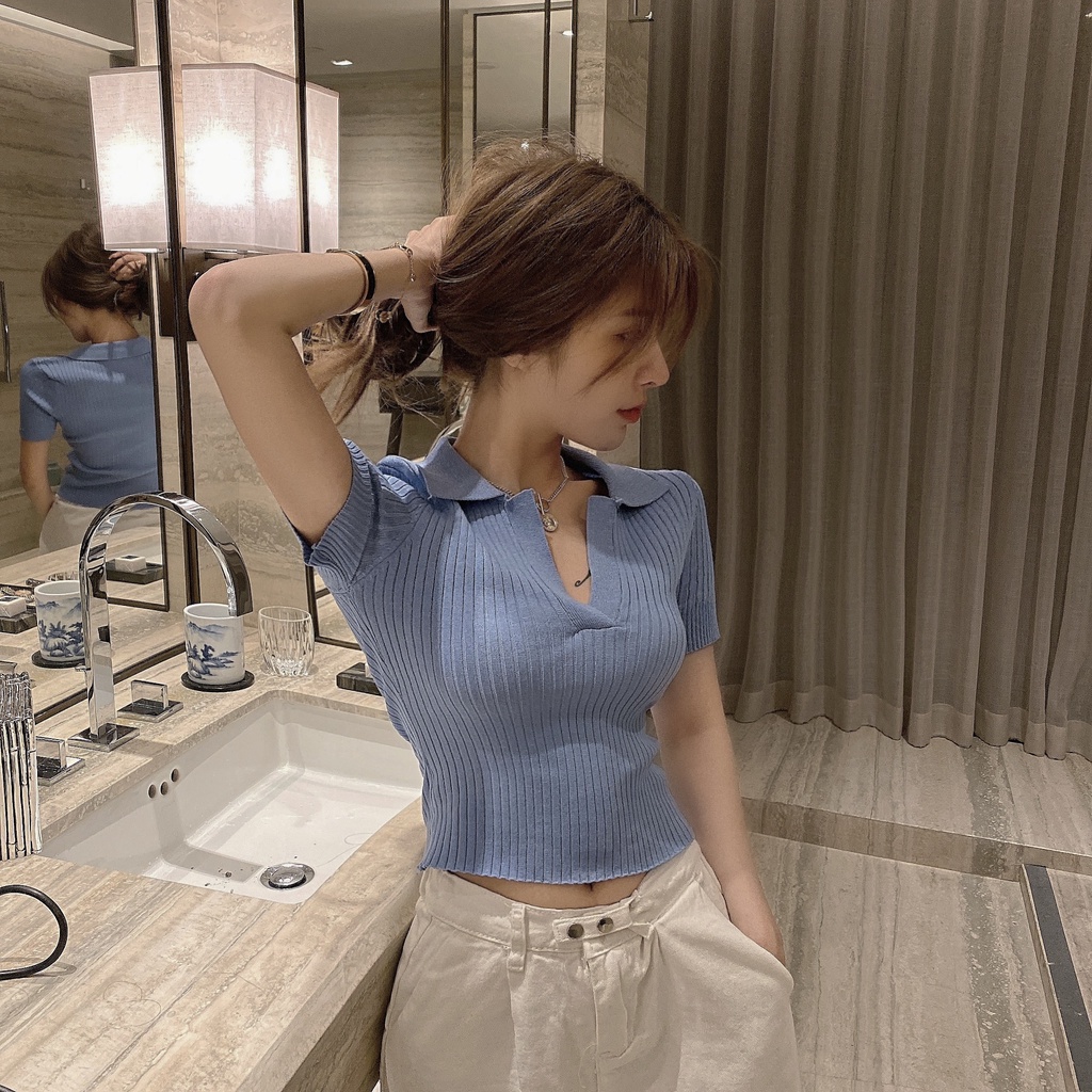 Áo kiểu ZHELIHANGFEI dệt kim tay ngắn cổ bẻ chữ V xẻ sâu quyến rũ thời trang cho nữ