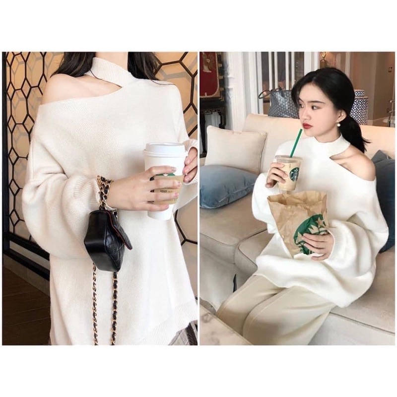 Áo Len Lệch Vai Chùm Mông, Len Mịn Quảng Châu tay bồmb sang chảnh
