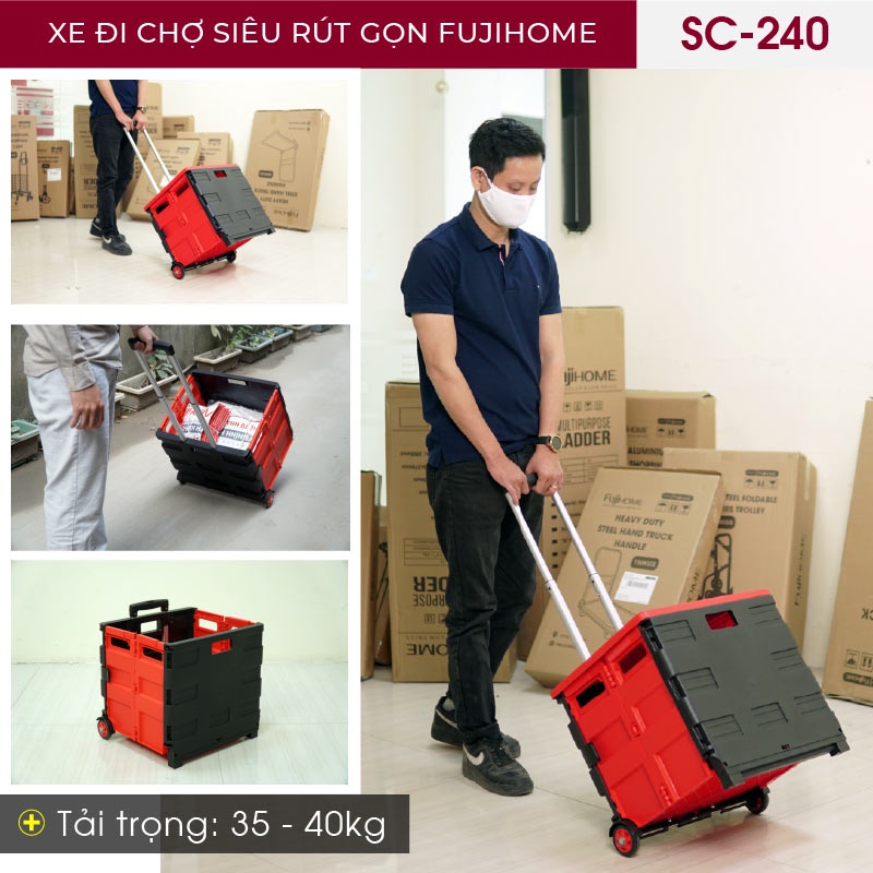 Xe đẩy hàng gấp gọn đi chợ siêu thị mini 2 bánh FUJIHOME SC-240, Chính hãng bảo hành 1 năm