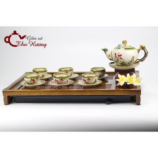 Bộ trà Bát Tràng_Bộ ấm chén Gốc cây men da lươn vẽ hoa sen