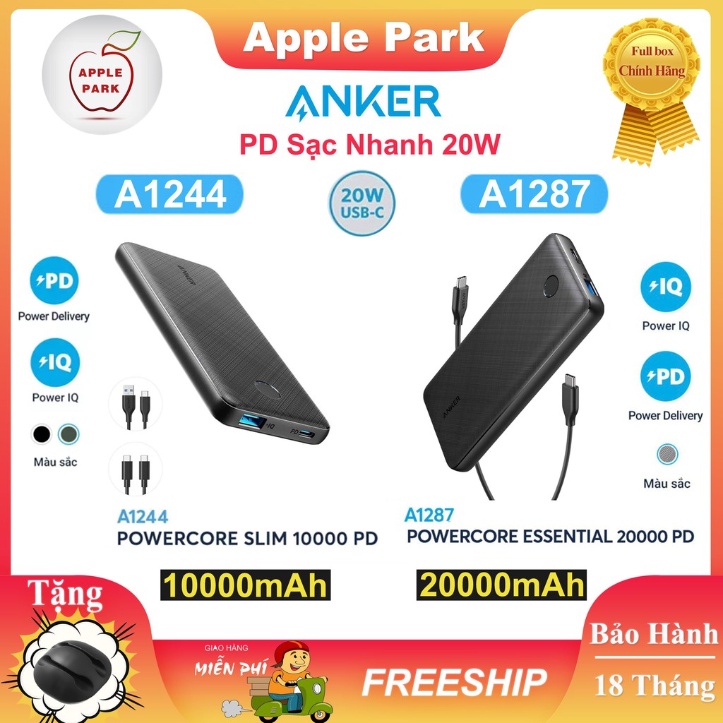 Sạc Dự Phòng Anker Sạc nhanh PD 20W A1244 10000mAh / A1287 20000mAh,2 Cổng Đầu Ra PD Max 20W USB-A Max 12W